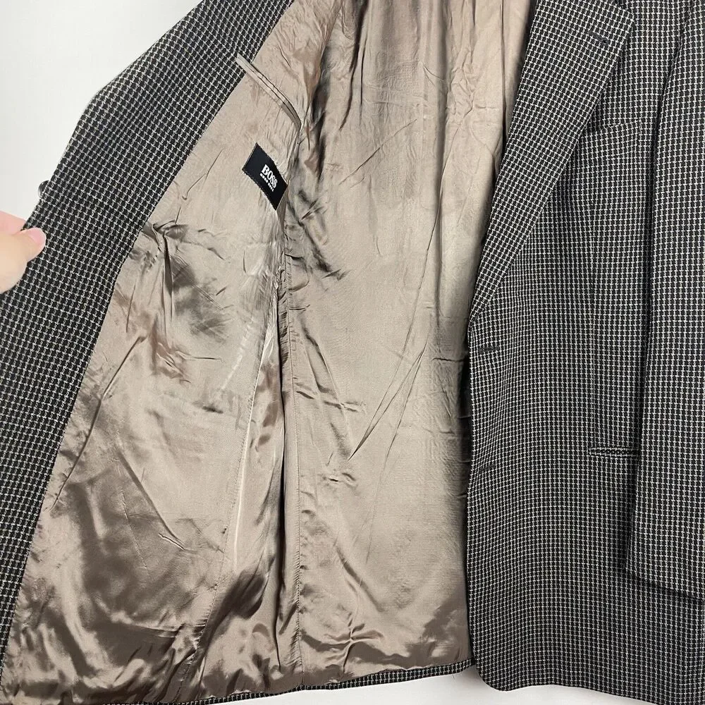 Hugo Boss Blazer Jacket Men 44L‎ Black Brown Schurwolle Virgin Wool Blend Career